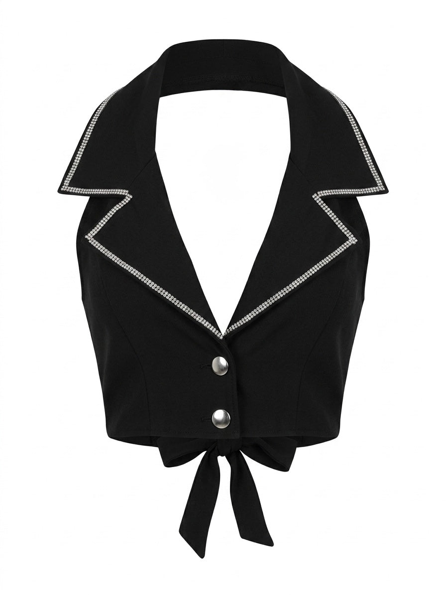 Top Halter Negro Tipo Chaleco con Brillos