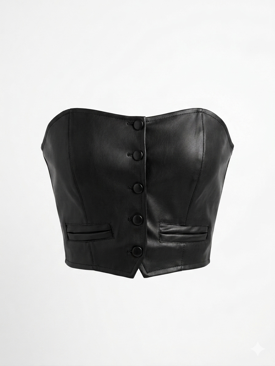 Top Strapless Negro Efecto Cuero con Botones