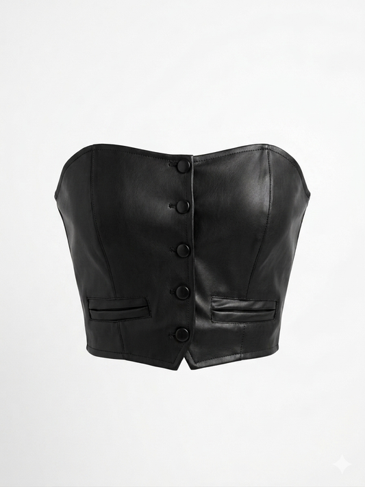 Top Strapless Negro Efecto Cuero con Botones