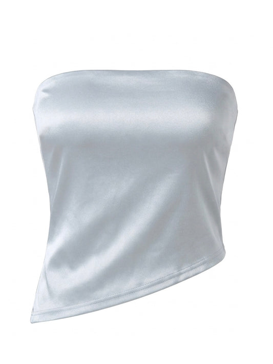 Top Strapless Blanco Satinado Asimétrico