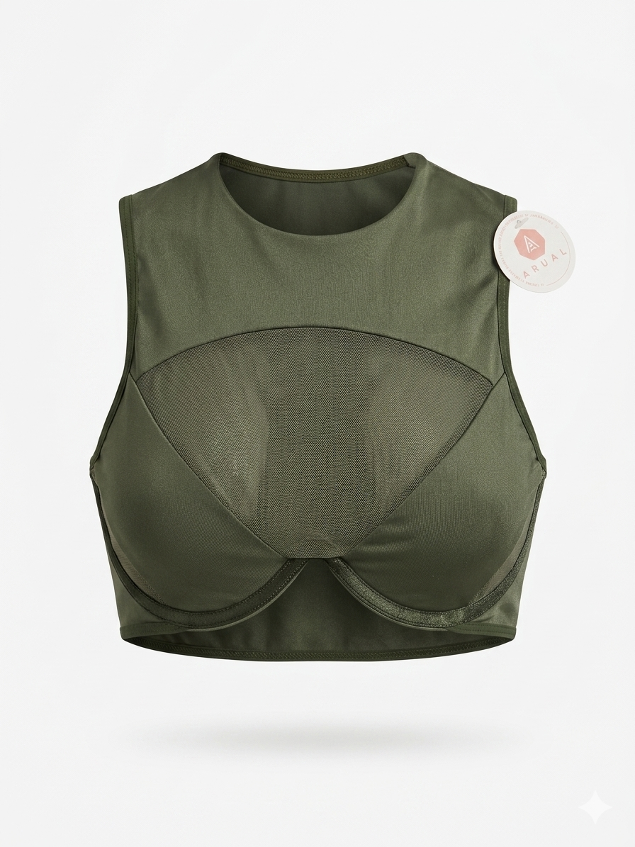 Top Crop Verde Oliva con Malla Transparente y Soporte