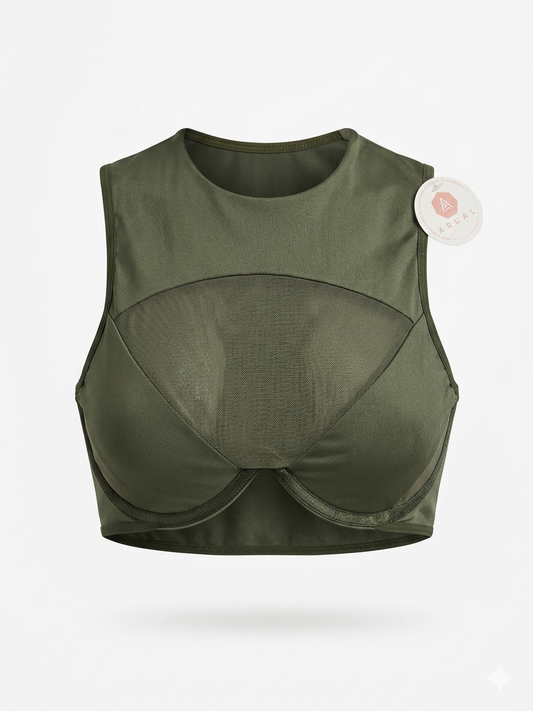 Top Crop Verde Oliva con Malla Transparente y Soporte