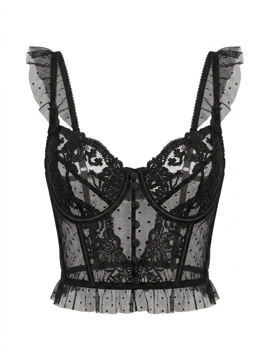 Corset de Encaje Negro con Tul y Volantes