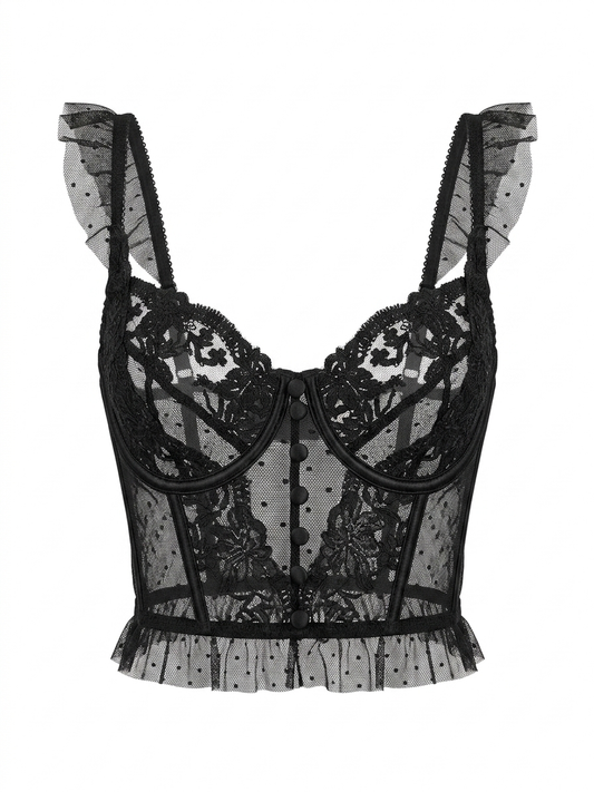 Corset de Encaje Negro con Tul y Volantes