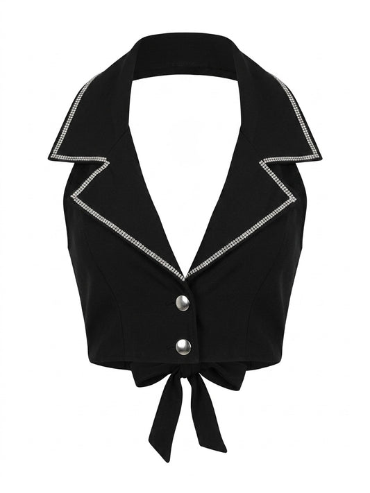 Top Halter Negro Tipo Chaleco con Brillos