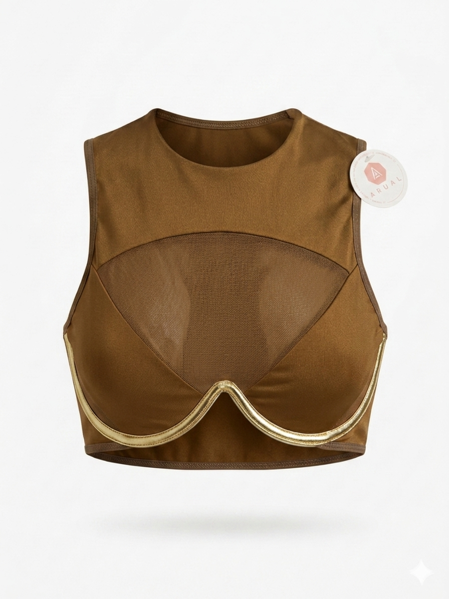Top Crop Café Oliva con Malla Transparente y Soporte