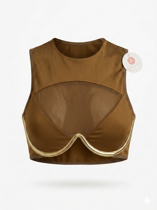 Top Crop Café Oliva con Malla Transparente y Soporte