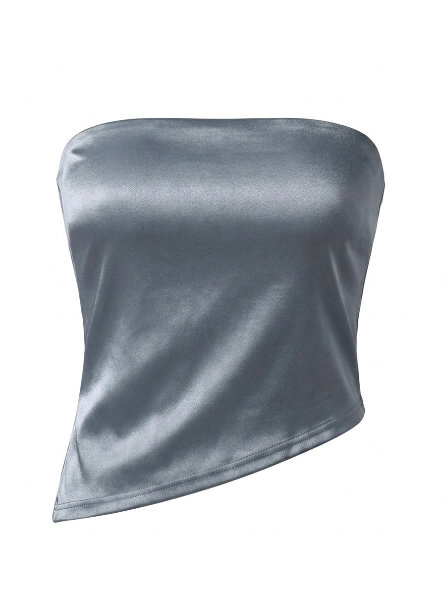 Top Strapless Gris Satinado Asimétrico
