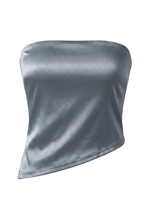 Top Strapless Gris Satinado Asimétrico